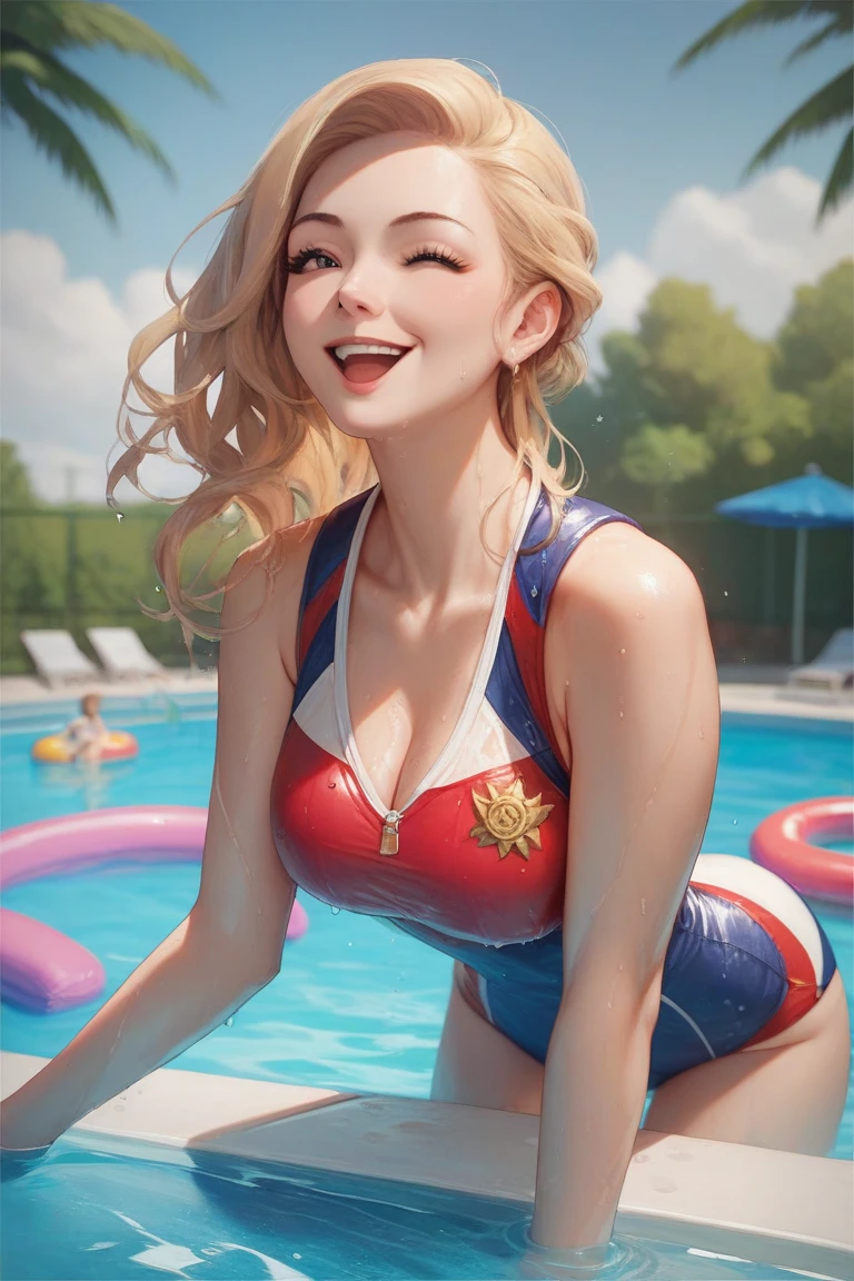 This is an image of a cartoon woman in a blue and white striped bikini.