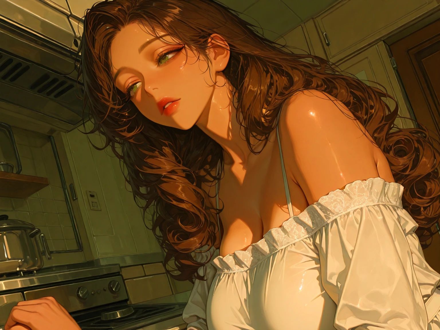 (anime, solo:1.3); a portrait of a 30y short woman (Ariana Grande:1.1), very beautiful, small breasts, thick lips, red lips, very tanned skin; eyes {bright green eyes, seductive eyes}; hair {long hair, ((dark blonde hair)), long ponytail}; sexy provocative smile, Golden glass earrings on the ears, sitting on a cyberpunk bar, (Around her neck hangs a simple necklace of exquisite craftsmanship); ((dressed in a Floral Print Cami Dress, Ruched Bust, sheer see-through short dress, Sleeveless dress, Knot, Split Thigh)); ((looking-into-camera)), Pov, (Front view); (Original character, volumetric lighting, Best Shadows, shallow depth of field, (very high quality, Incredible detail:1.25), Bright color paints, well-detailed fingers, well-detailed hand, perfect_hands, perfect, GoodHands-beta2, Furtastic_Detailer, well-defined face, well-defined eyes), ((Ariana Grande) + (adult mature:1.5))