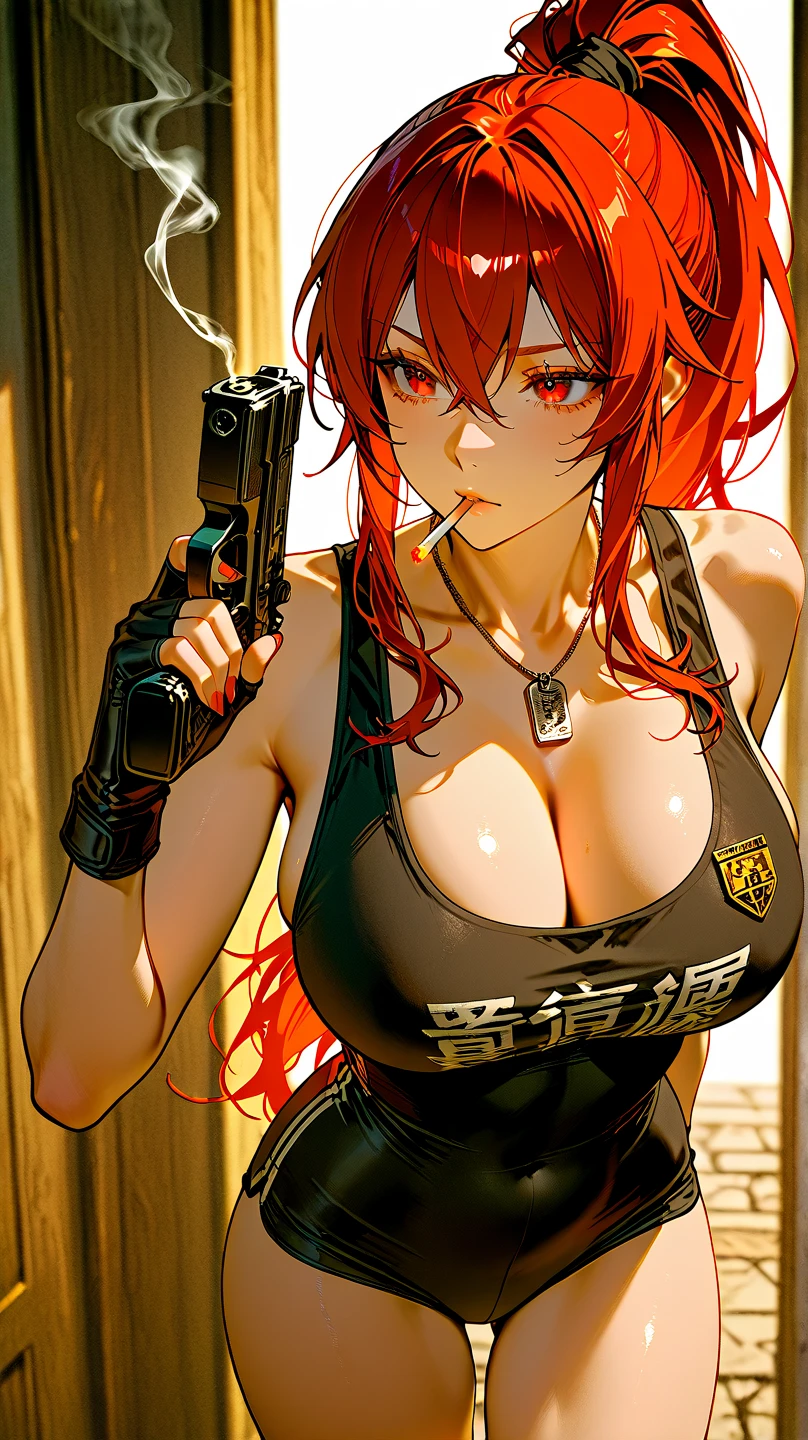 (masterpiece), best quality, expressive eyes, perfect face, military jacket, bikini top, long high ponytail, crimson hair with silver streaks, large teardrop breasts, fox ears, eye heterochromia, cargo shorts, wallpaper art, super cute expression, relaxed on a bed