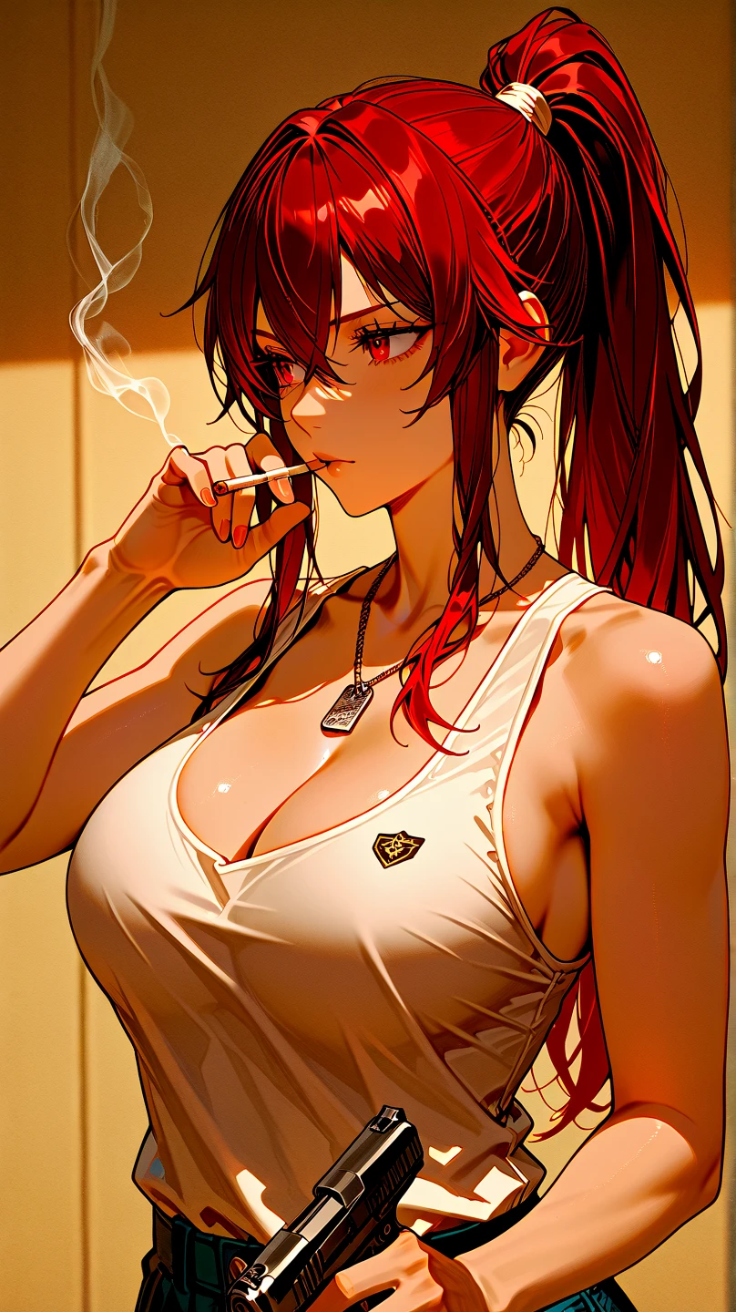 a school girl smoking cigarettes rapidly while masturbating, the cigarette ash is growing very long, the cigarette ash is very long, sucking very hard on the cigarette, gym girl, pain, agony, busty, pigtails, red hair, freckles, ash everywhere, lots of cigarette smoke