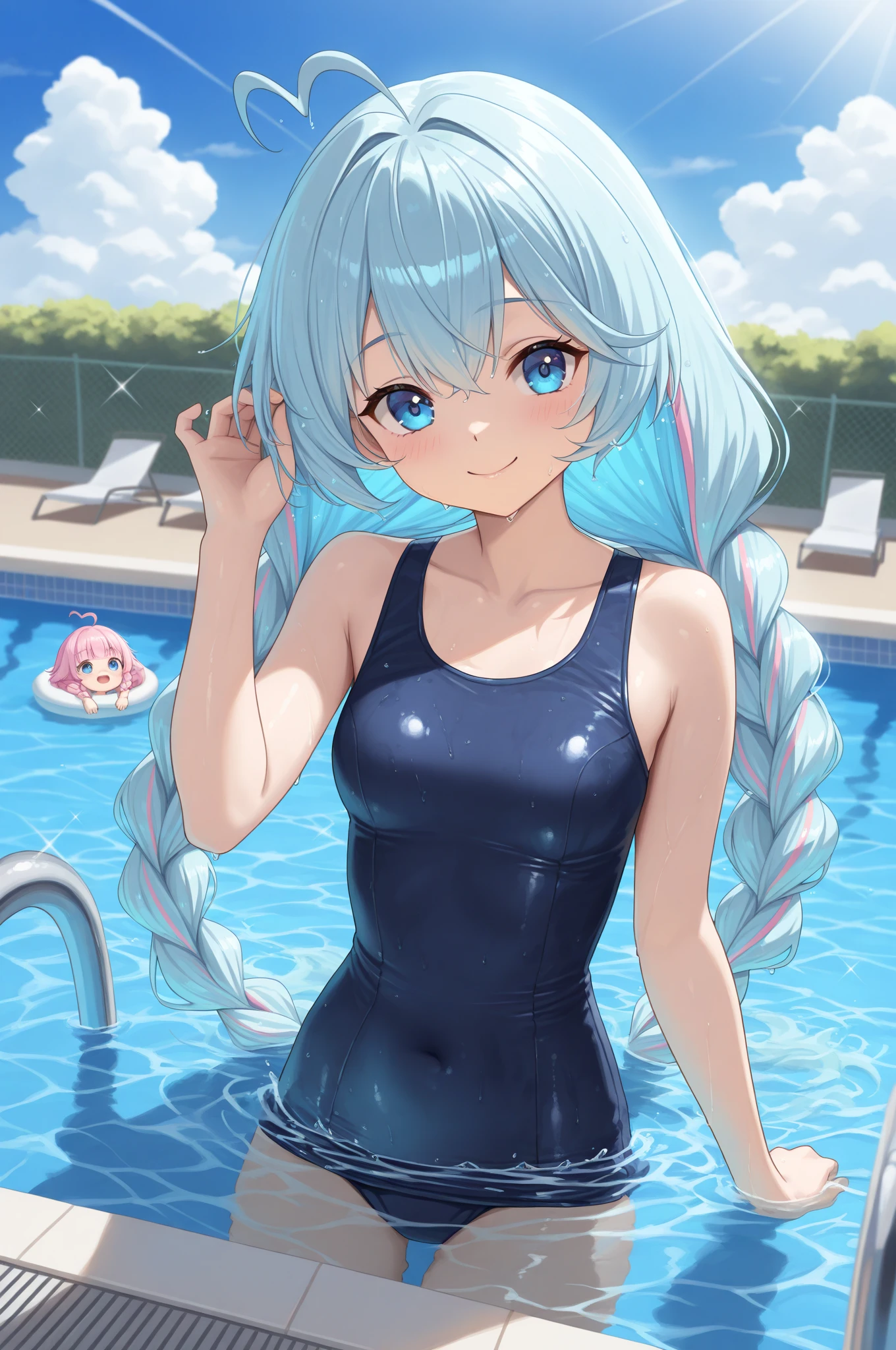 A picture of a dolphin swimming in a colorful sea, Light blue long hair、Beautiful girl with twin tails、Bright smile、 Very detailedな水彩画 8k, Very detailedな水彩画 8 K，Octane，end，Realistic，Clear lines, High Sharpness,Highest quality, Very detailed, Master Parts, Cinematic lighting effects, 4K 