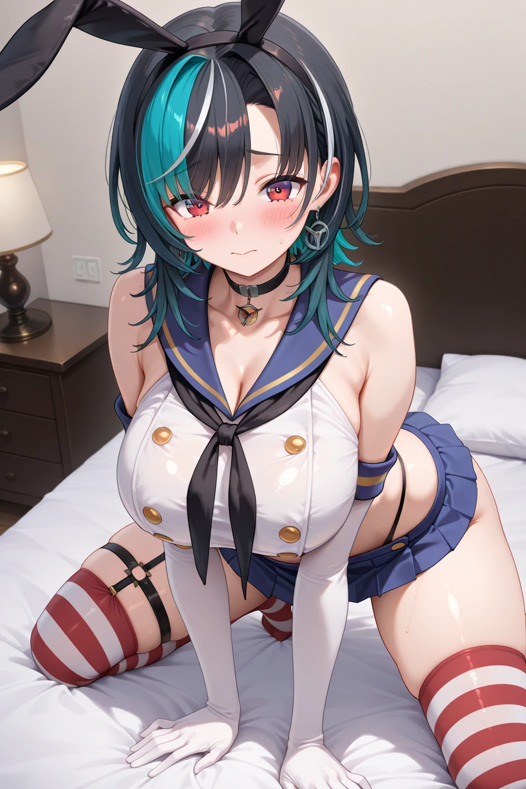 ((masterpiece)), ((best quality)), (ultra-detailed), absurdres, extremely detailed CG unity 8k wallpaper, Official Art, beautiful face, expressive eyes, solo, 1girl, mature female, milf, motherly, huge breasts, wide hips, sharp eyelashes, lips, aqua hair, red eyes, hair between eyes, medium hair, scenery, clinic, illustration, dramatic lighting, sitting,, ((masterpiece)), , absurdres, HDR, big breasts, blush, navel,grab breasts, grabbing breasts, bouncing breasts, hand on own breasts, madure, sexy, hot, nude, sitting, bed, seductive smile, crazy smile, ass, big ass, side, on side,