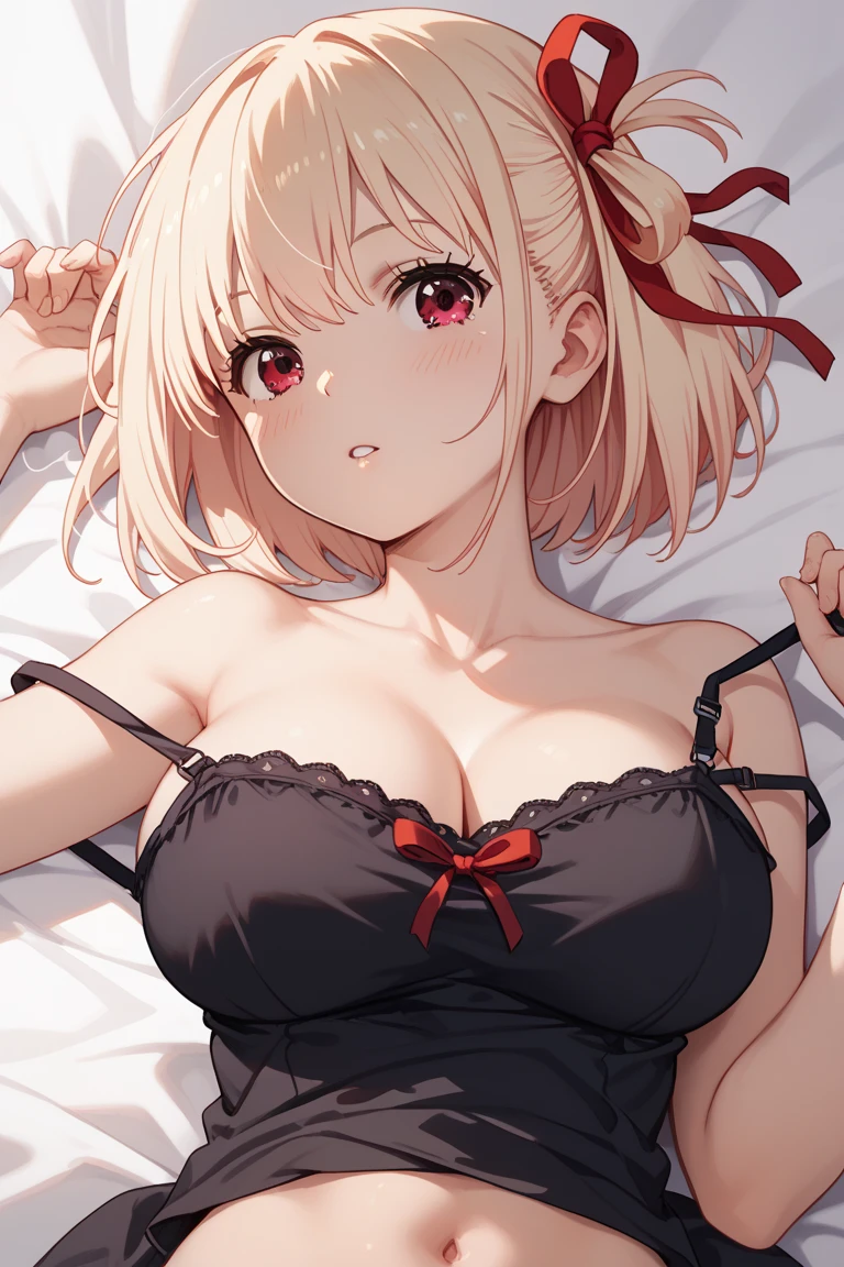1girl,bed sheet,blonde hair,blush,breasts,closed mouth,collarbone,corset,cowboy shot,fingerless gloves,gloves,groin,halo,large breasts,lingerie,lying,on back,panties,pillow,red halo,short hair,solo,sweatdrop,underwear,underwear only,white corset,white panties,yellow eyes