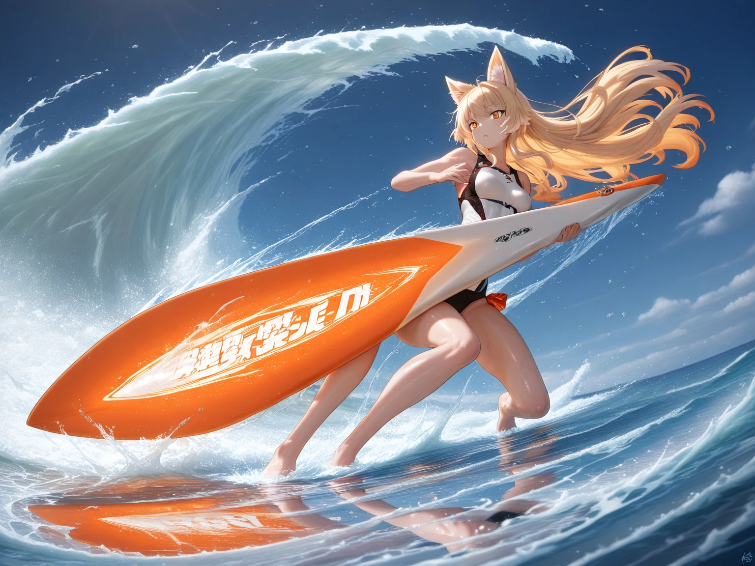(Xiaorou SeeU, age 20, is an adorable sexy cat woman, big eyes, cute swimsuit, fluffy tail), she is surfing on small waves, super cute, so excited, show her from head to toe, hawaii