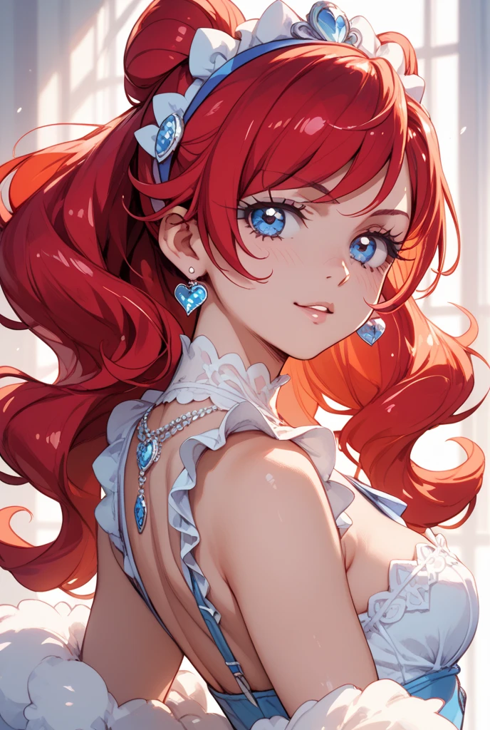 (masterpiece:1.1), best quality, NSFW,
1girl, (80s anime style:1.3), (eyelashes:1.5), (loli:1.2),
(intricate high detailed body:1.2),
red hair, (short hair, twin messy bun:1.1),
green eyes, (lip stick:1.2),
slender body, large breasts,
(happy, smile:1.2), open mouth,
neckwear, (white lace leotard with sleeves:1.1),
(short frill skirt:1.1), see-through clothes, jewelry,
(cowboy shot, looking at viewer, from front:1.1),
in royal palace
