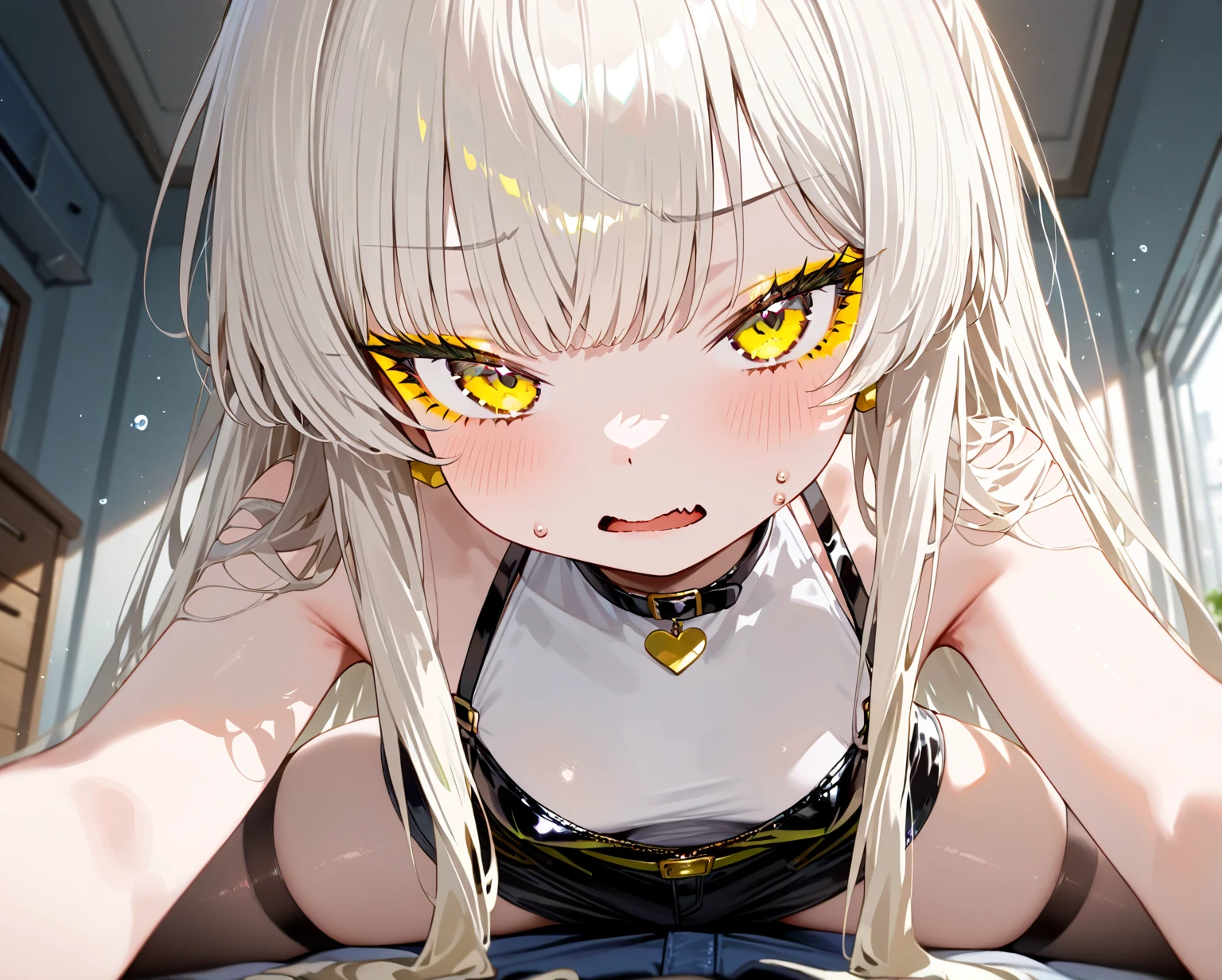 NSFW, (1girl), (parkdona), black sweater, turtleneck, sleeveless, yellow skirt, plaid skirt, (pleassure), look on her face, looking at viewer, grabbing his penis, blushing, sexy, slutty, couple, hetero sex, (1boy), (overweight boy), pubic hair, (hairy boy), penis, blow job, (pov), ejaculation_on_face:1.5, sticky cum, (anime_screencap:1.2), pov,deepthroat,(dark skin:1.5)