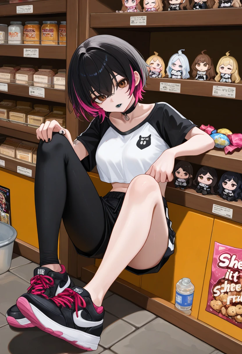 score_9,score_8_up,score_7_up,score_6_up,score_5_up,source_furry, furry female, furry, anthro, cat, anthro_feline, cat ears, black fur, yellow eyes, black hair, paw_sloe,sharp_toenails, pawpads, (standing and show foot,standing and toe-point,toe-point,from above,standing,foot focus,leg up,fish eye,standing on one leg),
store storeroom, hoodie,baseball cap,hands in pockets,micro shorts,steaming and sweat foot