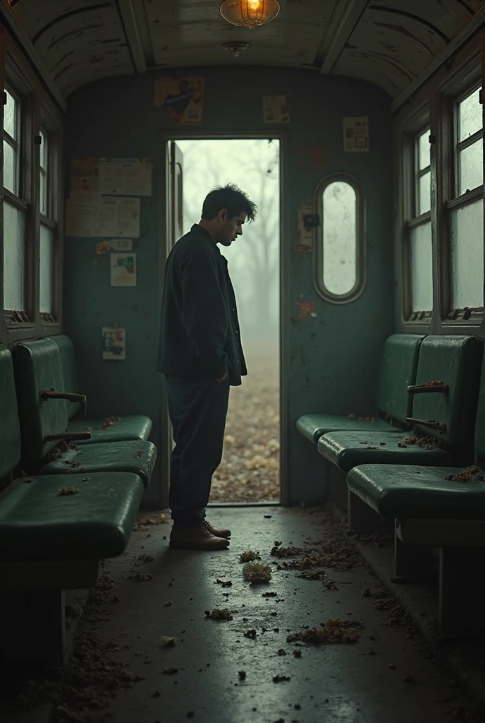 A man in a coat sitting nervously in an old, empty bus.**