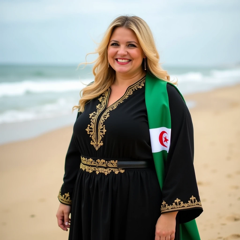 Close up, plump, blonde, wearing a black velvet caftan jacket with gold embroidered details on the shoulders and cuffs, arabesque, embroidered, holding the Algerian flag in white and green, looking directly at the camera, she is standing on the blue seashore