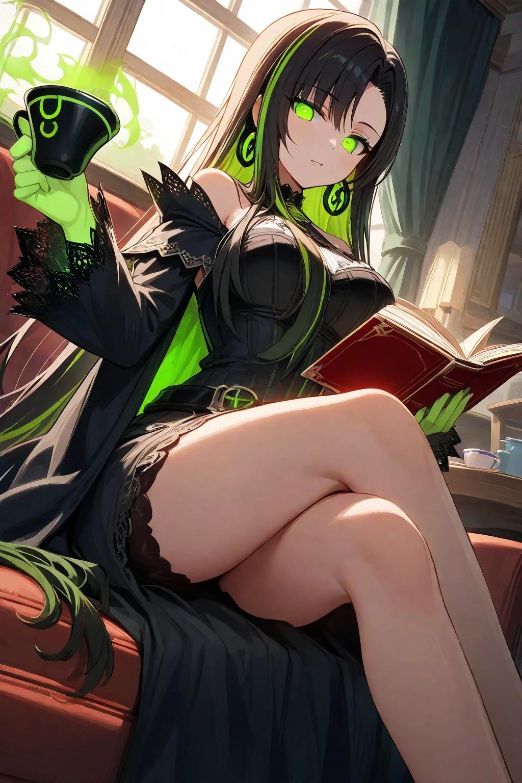 ((masterpiece, best quality, high resolution)), expressive eyes, mature, athletic, cthulhu tattoos, perfect face, solo, 1girl, dark-green hair, long hair, green eyes, cropped hoodie, gothic, goth, bedroom, bookshelf, occult, medium breasts, thick thighs, sweatpants, black boots, black clothing