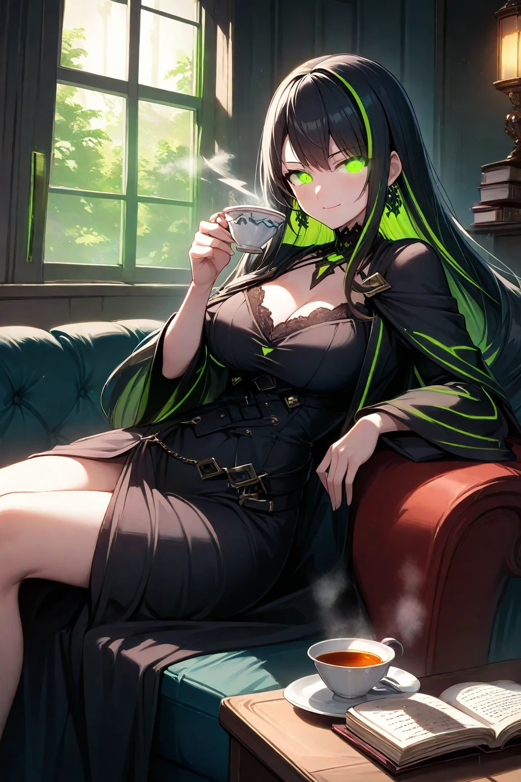 ((Green juice cup, fizzy, sparkling, foamy, holding bones, best quality)),(complex lighting),solo,1girl,upper body, eveline, black dress, black hair, boots, sleeves rolled up, hair over one eye,long hair, pale skin, sitting, on chair, grey eyes