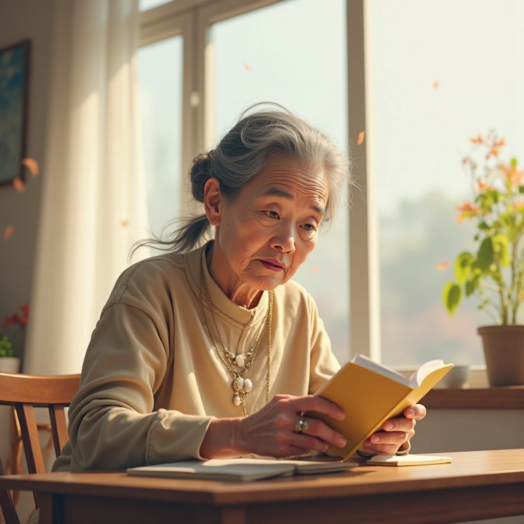 create a 74-year-old lady with straight black hair and a bit of white, with one meter and fifty, white, kinda chubby,  with plenty of chest,  com olhos castanhos, reading a bible 