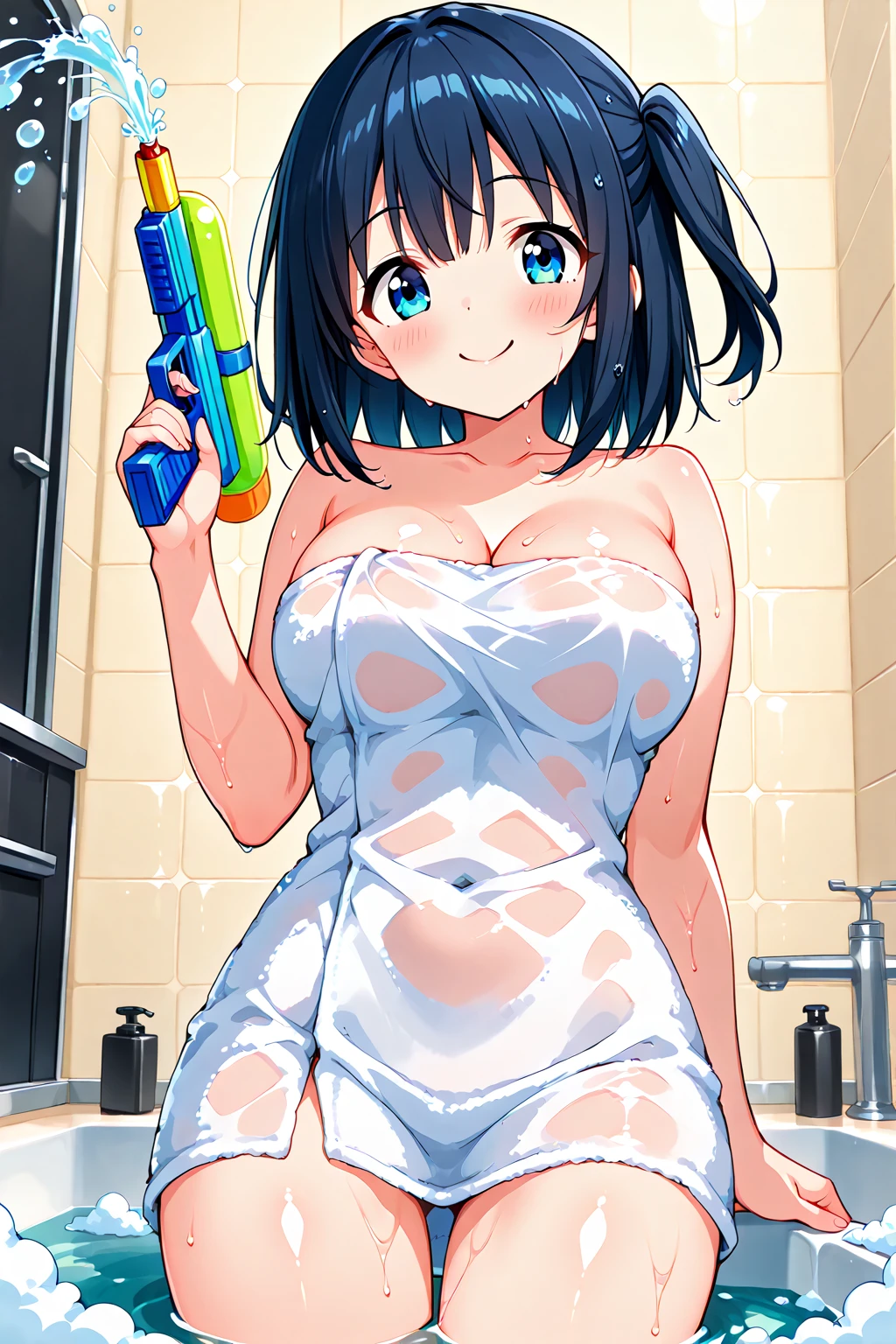 [[anime styled]],[[digitalart]],masterpiece,best quality,high resolution,Tomomi_Xijing,black hair,Short hair,Hair Ribbon,midium build,oily skin,NSFW,1girl in,solo,((standing)),[cowboy shot:1.3],[face focus/close up,from below],short torso,Perfect Lighting,topless,((nude,nipples)),((blue striped panties)),cameltoe,smile,cel shading,blush,spread legs, break background classroom,