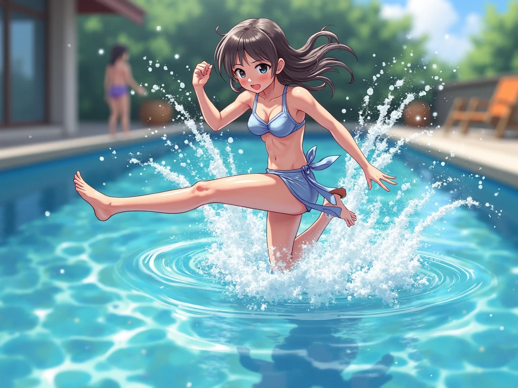 NSFW, sexy, ??????, Create an exceptionally detailed and richly depicted cute anthropomorphized girl representing the essence of summer, illustrated in a high-quality anime style. A young woman cleaning the poolside with a deck brush under the scorching sun, wearing a swimsuit that is practical for the task, diligently scrubbing the poolside with water splashing around her, the scene depicted with highly detailed and realistic textures capturing the reflections of sunlight on the water and her wet skin, set against a backdrop of a clear blue sky and lush green trees, the vibrant atmosphere of summer clearly conveyed through the realistic anime style, with careful attention to proportions, precise textures, realistic lighting and shading, ensuring there is no blurriness or distortion, and maintaining correct perspective and natural movement, enhanced by photorealistic, highly detailed, realistic lighting, accurate proportions, precise textures, realistic 3D, 3D rendering, sharp focus, and dramatic lighting tags --max --rt--max --rt --high_quality --ultra_detail --intricate_design --extremely_detailed --hyper_realistic