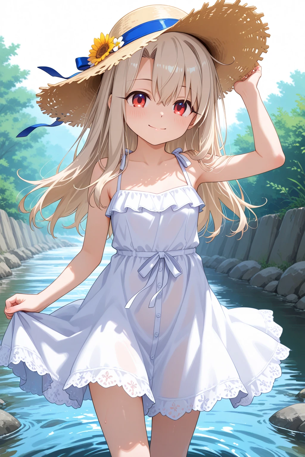 score_9,score,sauce_アニメ, Break 1 Girl, alone, shinosawa hiro, VirtuosaBase、thin, Orange Eyes, White eyelashes, bionde, Long Hair, Hair Clip, , Flat Chest, slim, rib, Water Play, Dress Lift, wet, See-through silhouette, sunlight, light, bloom, Lens flare, dark, Cowboy Shot, From behind, Recall, (masterpiece:1.2, Highest quality), (Fine and beautiful eyes: 1.2), (Beautiful and dense face), (Sharp facial hair between the eyes)、Dynamic Pose Glossy Skin, Pale skin, Secret Realm, Small Lake, forest, Kneel on lake surface, Sunlight shadow, Depth of written boundary, close, close range