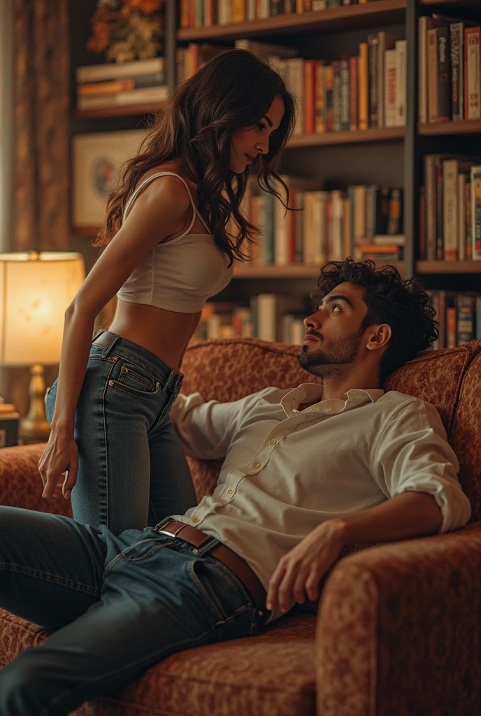 170 cm tall, 24-year-old woman with very pale skin, vibrant maroon wavy medium-length layered hair, parted to the side, fit figure, long turquoise top, black pants and grey flats with a tentative expression sits next to a far taller 209 cm tall, 29-year-old muscular attractive man with black short layered swept back wavy crew cut hair, short black facial hair, shirtless, Mediterranean-Native American features, black t-shirt and black cargo pants kind smile expression, sitting on the other side of comfortable couch underneath a window inside a huge empty dark wood library. Photorealistic, cinematic.