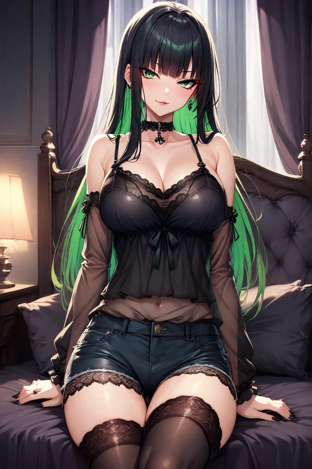 Best Quality,High resolution,8K,finelity detailed background,Masterpiece:1.2),beautiful girl,Shiny green hair,messy hair,Green Eyes,Gentle look,A refreshing look,smile,Best quality,Best Quality,Aesthetic and aesthetic:1.2,Best details((Super detailed))(High-definition CG illustrations),Upper Body, Black underwear,(black intricate lace),garter belt,Slender body,night,moon,Bedroom,On the bed,smile,blush,cute,Scrounge,Looking up,Being spoiled,super model,wariza,shoot from,below