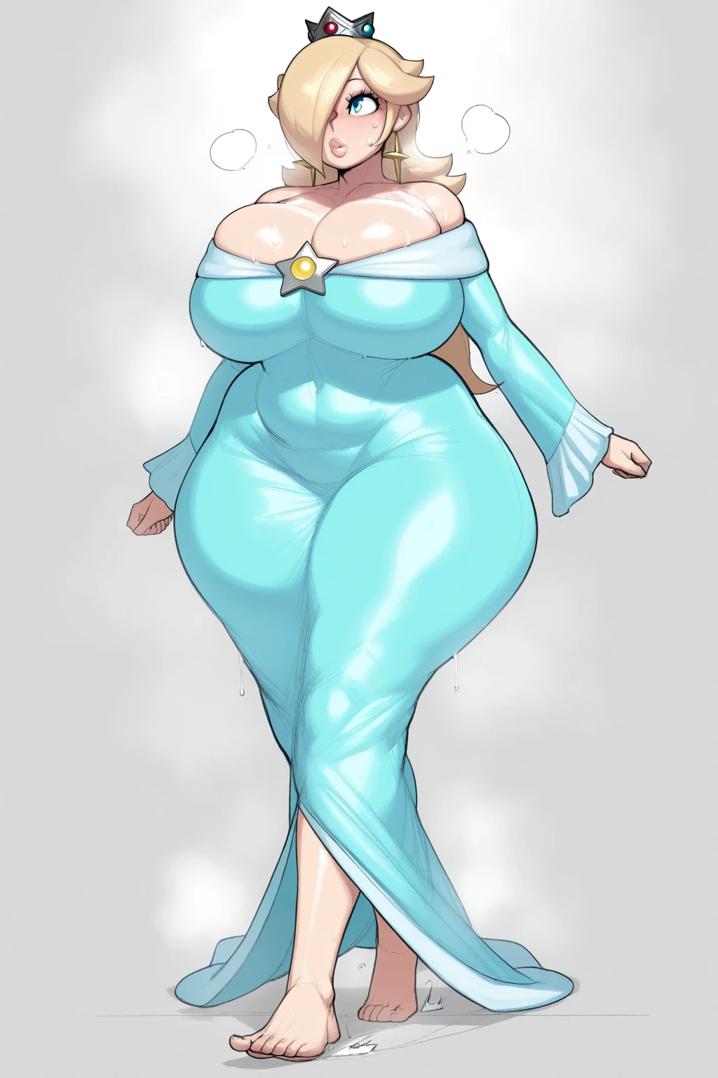 a sexy girl with a big chest, beautiful beauty, light blue hair, her big round blue eye, a light pink lip, she wears a white sleeveless shirt, shows her navel and a long blue skirt with a long heel, black hair, wearing a happy pussy.