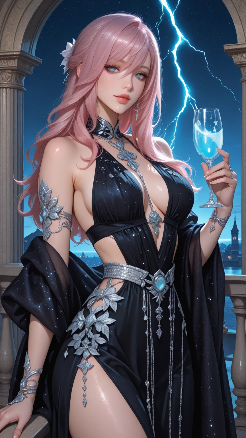 A young female vampire, beautiful, in a silver gown, holding a glass of wine in her hand.  - --auto --s2