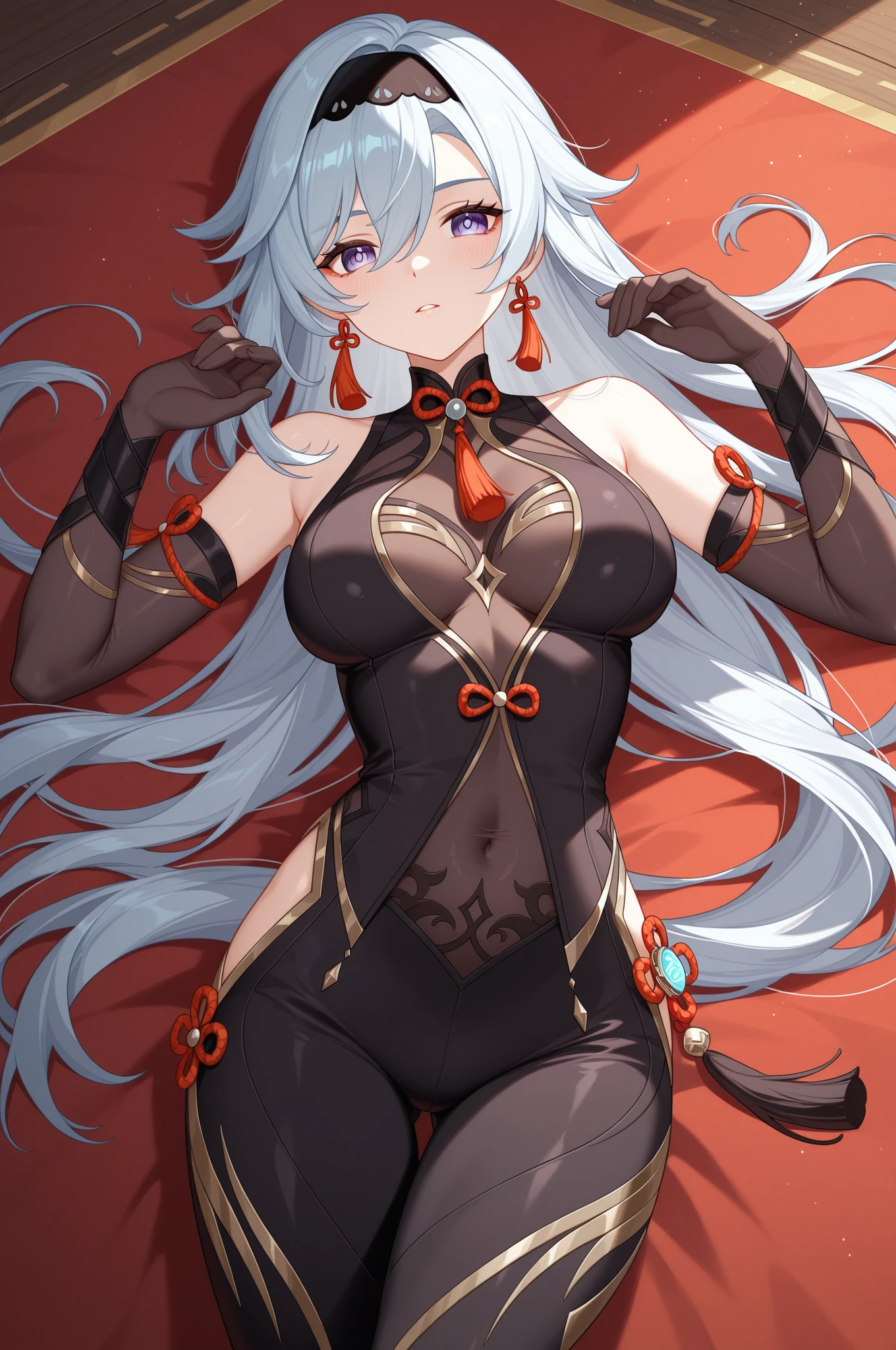 fgokama, kama, hair ribbon, (red eyes:1.5), red ribbon, ribbon, long hair, white hair,
BREAK armlet, bare shoulders, bikini armor, bracelet, collar, detached sleeves, dress, earrings, floral print, jewelry, metal collar, miniskirt, pelvic curtain, purple dress, purple skirt, purple sleeves, purple thighhighs, ring, skirt, thighhighs, thighlet,
BREAK looking at viewer,
BREAK indoors, bed
BREAK (masterpiece:1.2), best quality, high resolution, unity 8k wallpaper, (illustration:0.8), (beautiful detailed eyes:1.6), extremely detailed face, perfect lighting, extremely detailed CG, (perfect hands, perfect ???????),
