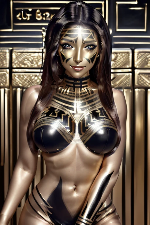 18 year old Rachel Bilson posing as an Egyptian statue on display, (((naked))), (((covered in gold body paint))), standing in a museum, ((small breasts))), shy, worried, ((hands behind head))