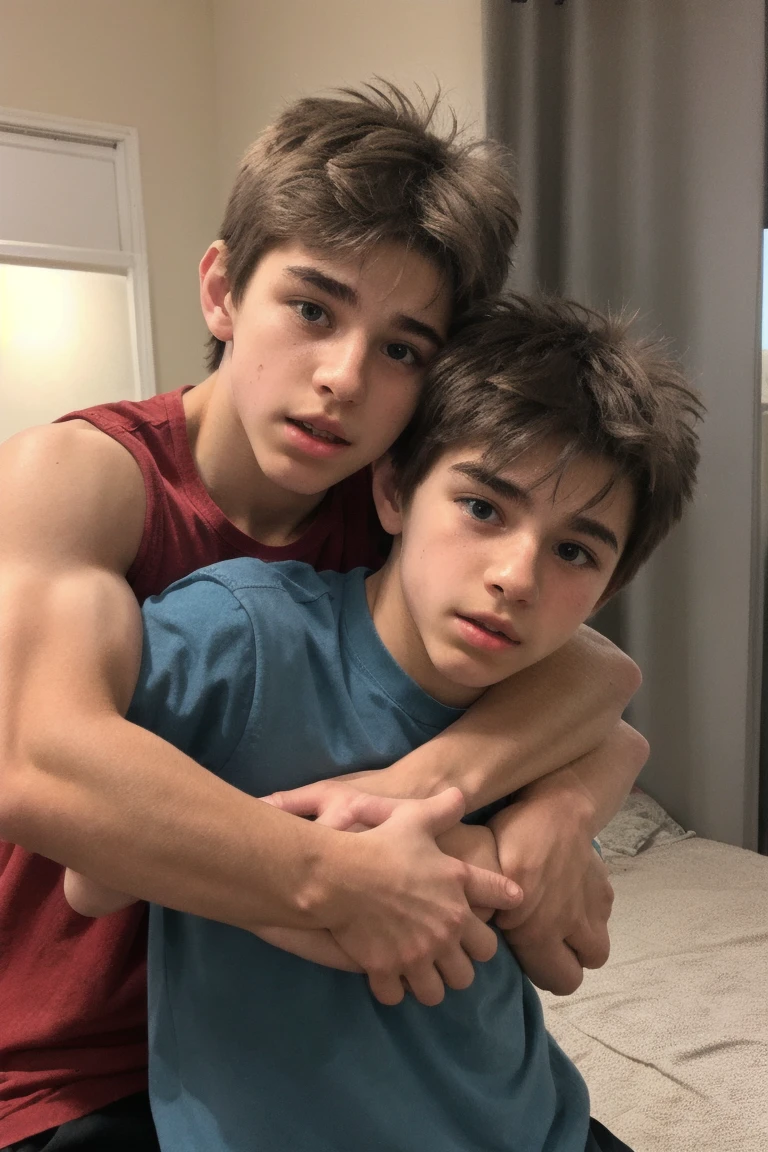 Father and son. Father gives a gift to his son. The father is shirtless, his chest is hairy, his jeans are tight and his bulges are visible. The son is sitting on the floor in frayed short shorts looking happy.