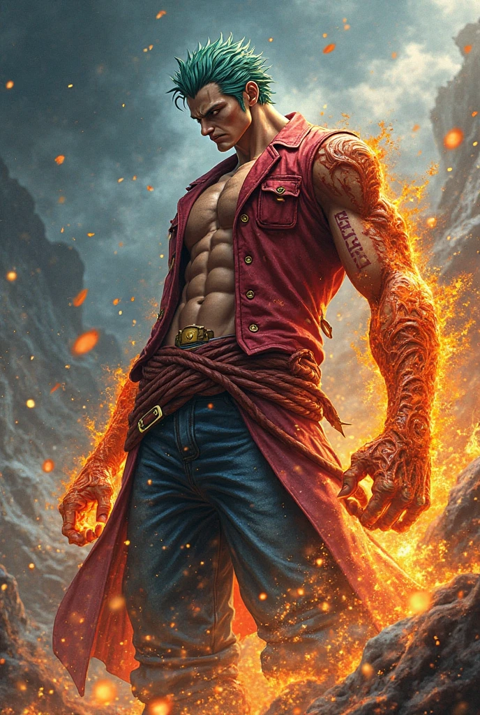 A strong, muscular man with short, fiery orange undercut hair, and freckles, dressed in red and black clothing. He is strikingly handsome with a perfectly sculpted body. In battle, he wields fire magic, with flames engulfing the entire scene, creating a dramatic and intense atmosphere. He commands the fire with powerful, sweeping gestures, his eyes glowing with a fierce, fiery intensity that showcases his mastery of the element. The background is ablaze with vibrant flames, enhancing the sense of power and heat. The image is rendered in a photorealistic, hyper-realistic 8k style, with studio lighting. Jean’s combat pose is dynamic and aggressive, making the image powerful and cinematic, with intense colors, vibrant HDR, and dramatic chiaroscuro lighting that highlights the fiery energy and motion.