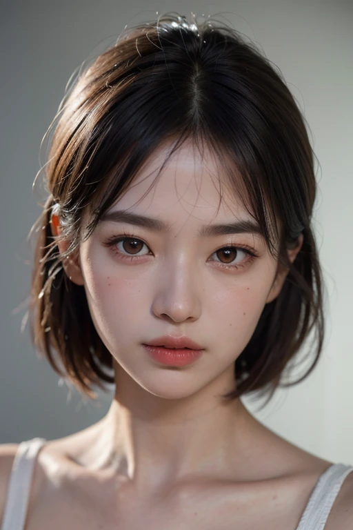Best quality, masterpiece, ultra high res, (photorealistic:1.5), raw photo, 1girl, offshoulder, in the dark, deep shadow, low key, cold light, sexy look, short hair