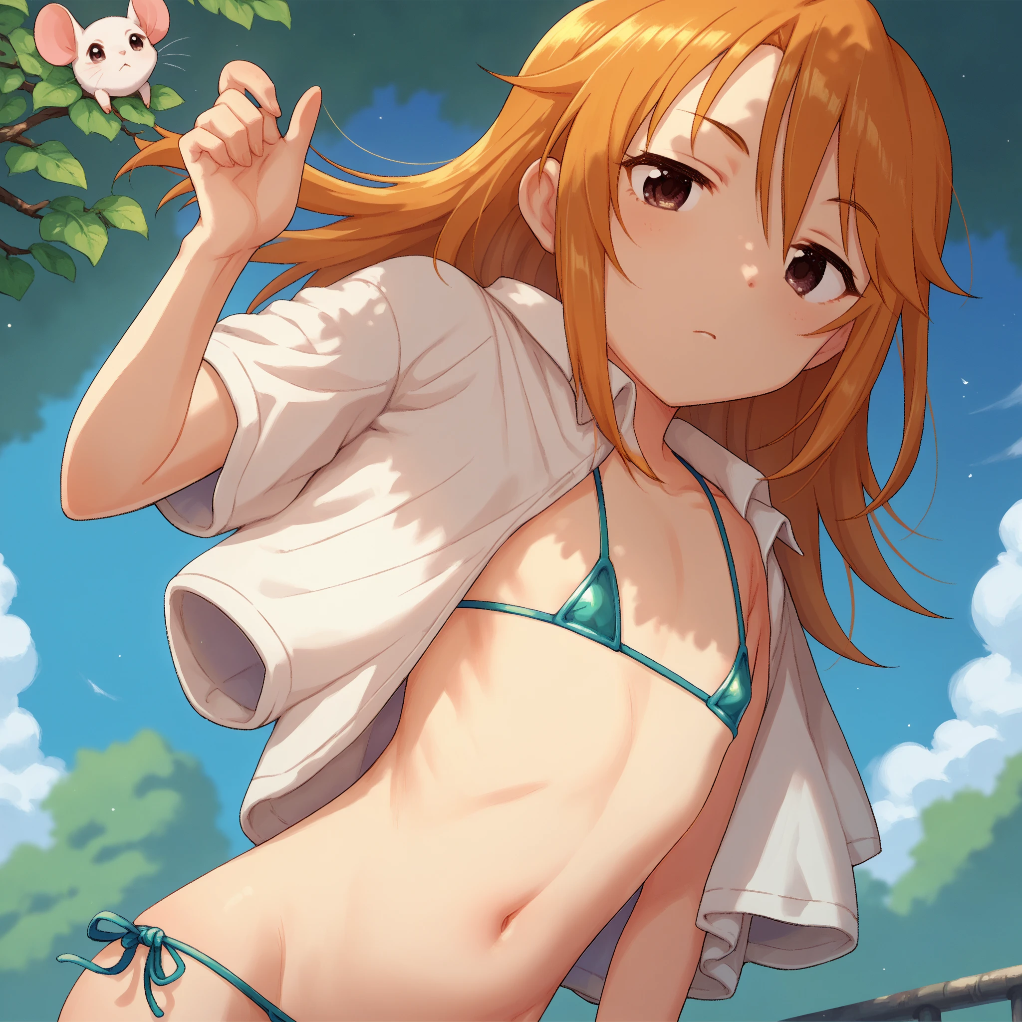 bikini、(Are sleeping:1.5)、One girl,lease, sweating,blush,Cleavage,Wet body, Back to viewers,((From behind)),((From below)),teeth,sweating,vapor,((Side Squat)),teeth focus,((hands on teeth)),Five Fingers,in the forest,Side waist,thigh,ふくらteethぎ