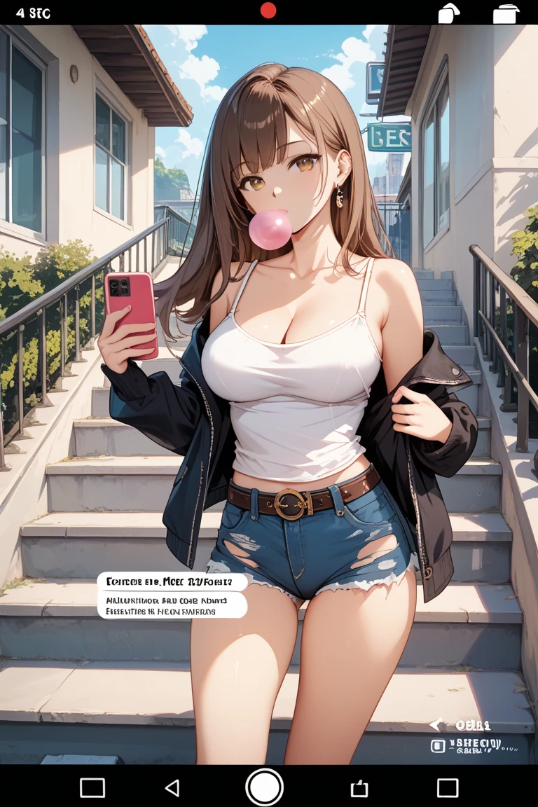 1 Female anime,High definition,high resolution,Ultra-realistic,8K, aaserena, yellow ponytail, ((multicolored hair)), red jacket, black shirt, belt, white skirt, tight skirt, miniskirt ,jewelry,European,sexy,Upper body close-up,Photographed from the front,Dynamic Angles,blush, big  , happy, wink the eye,facial, sweat,multicolored hair ,(wide thighs:1.4),show panties,spread legs,cameltoe