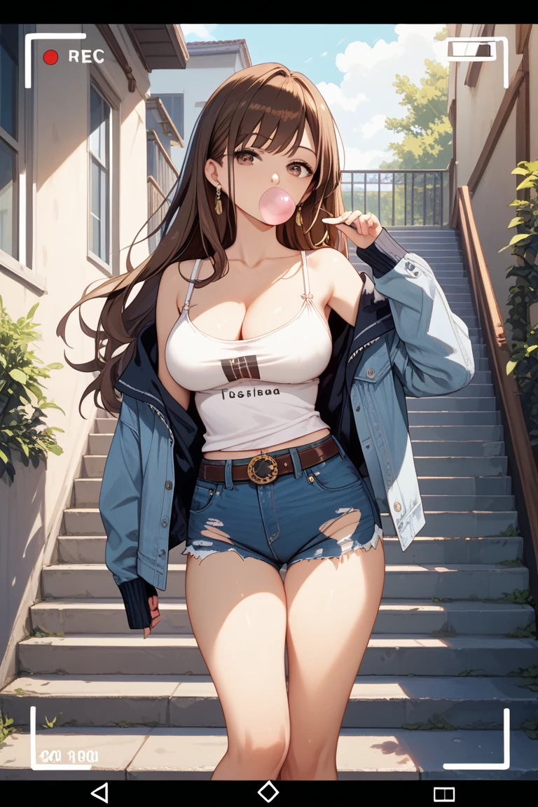 high school girl、Gal、Active、bright、hot day、Revealing clothing、Brown Skin、Tube top、Big Breasts、Denim shorts、