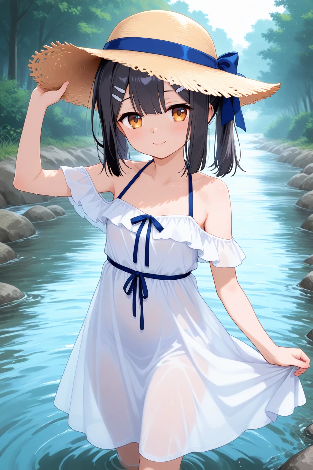 a very thin girl of 13 years old in a wet open shirt, Short thin swimming trunks,