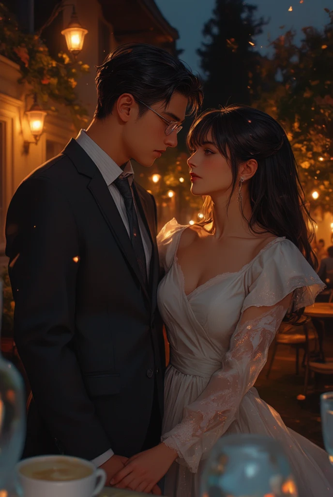 Night Flower Garden,Tyndall Light,Couple hugging from behind,Black Short Hairstyles for Boys,handsome,A young woman with long, wavy black hair,black dress,footpath ,The lights are dim.,Half body 4k
