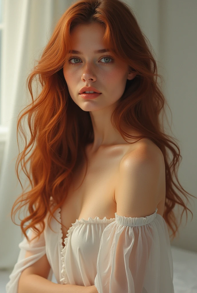 (full body shot:1) photorealistic image of a woman, ultrarealistic, photography, long red hair, woman, 24 years old, hourglass figure, perfect body, Flirty look, natural medium breasts, she is wearing a white strapless Bra