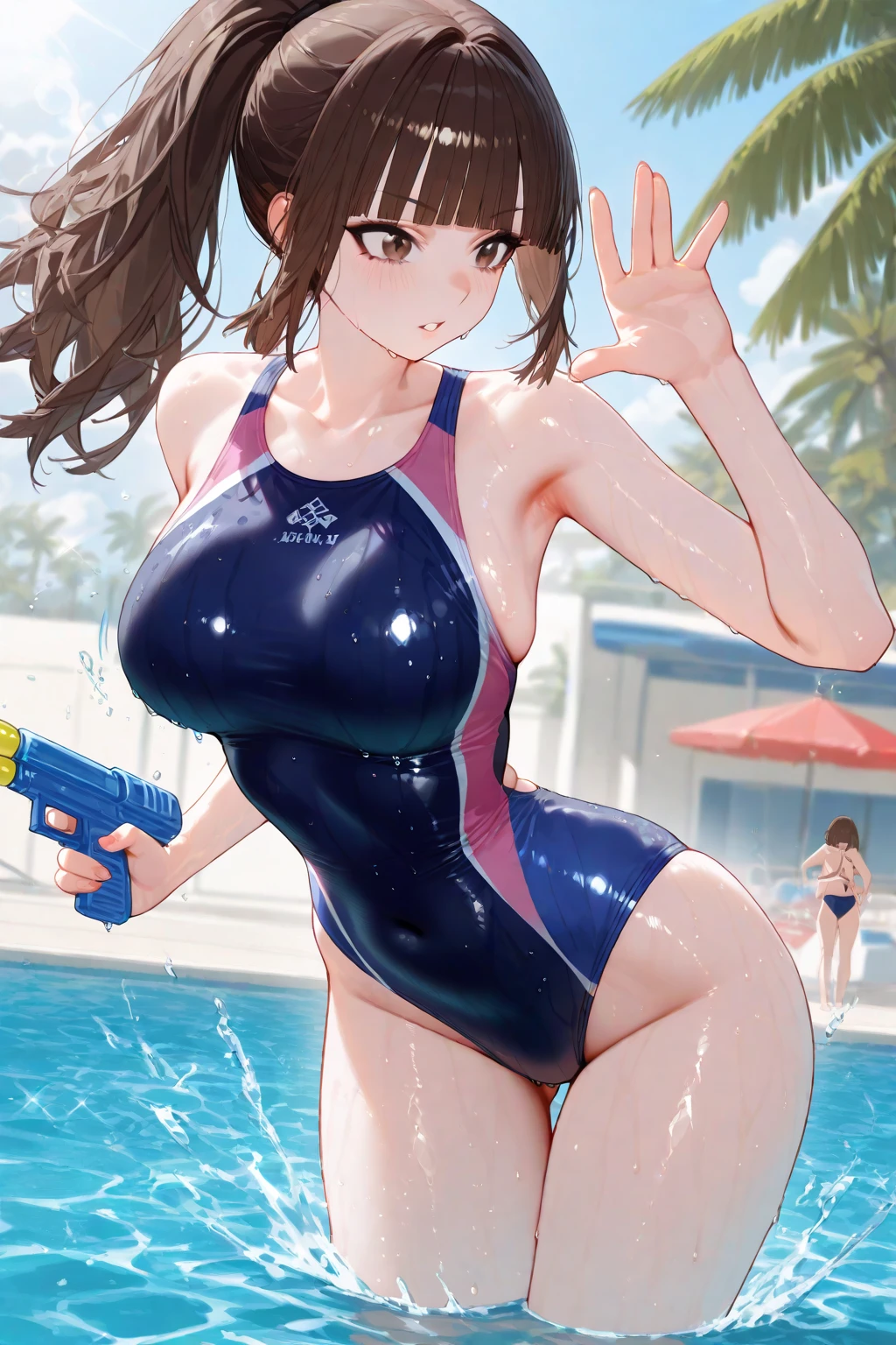Imperial Guard Combat Uniform Swimsuit, o-ring bikini, v gundam, swimsuit, absurdres, highres, solo, cowboy shot, 1girl, neneka nibrou \(cosplay\), wristband, headphone, holster, backpack, holding gun, aiming, perfect hands, wind, (highres,best_quality,masterpiece), large breast, huge breast, srw_olive, brown hair brown eyes, ((side ponytail)), hair clip, swept bangs, (((pool background, water background)))