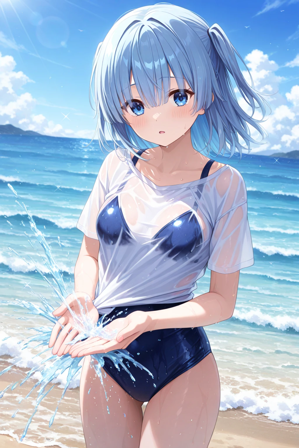 1 skinny girl without a shirt in short swimming trunks cute very shy blue detailed eyes 