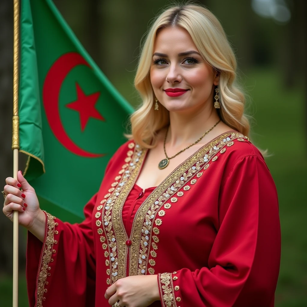 Close up, blonde, plump woman . She wears a caftan decorated with gold and white threads embroidered with a modern and high quality technique, she holds the Algerian flag detailed and delicate, black background with colored smoke