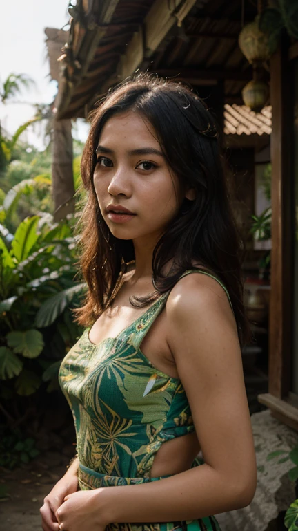 a beautiful indonesian teen girl, detailed face with beautiful eyes, nose, and lips, long flowing hair, standing in a tropical garden with lush vegetation, sunlight filtering through the leaves, (best quality,4k,8k,highres,masterpiece:1.2),ultra-detailed,(realistic,photorealistic,photo-realistic:1.37),portrait,natural lighting,vibrant colors,intricate details