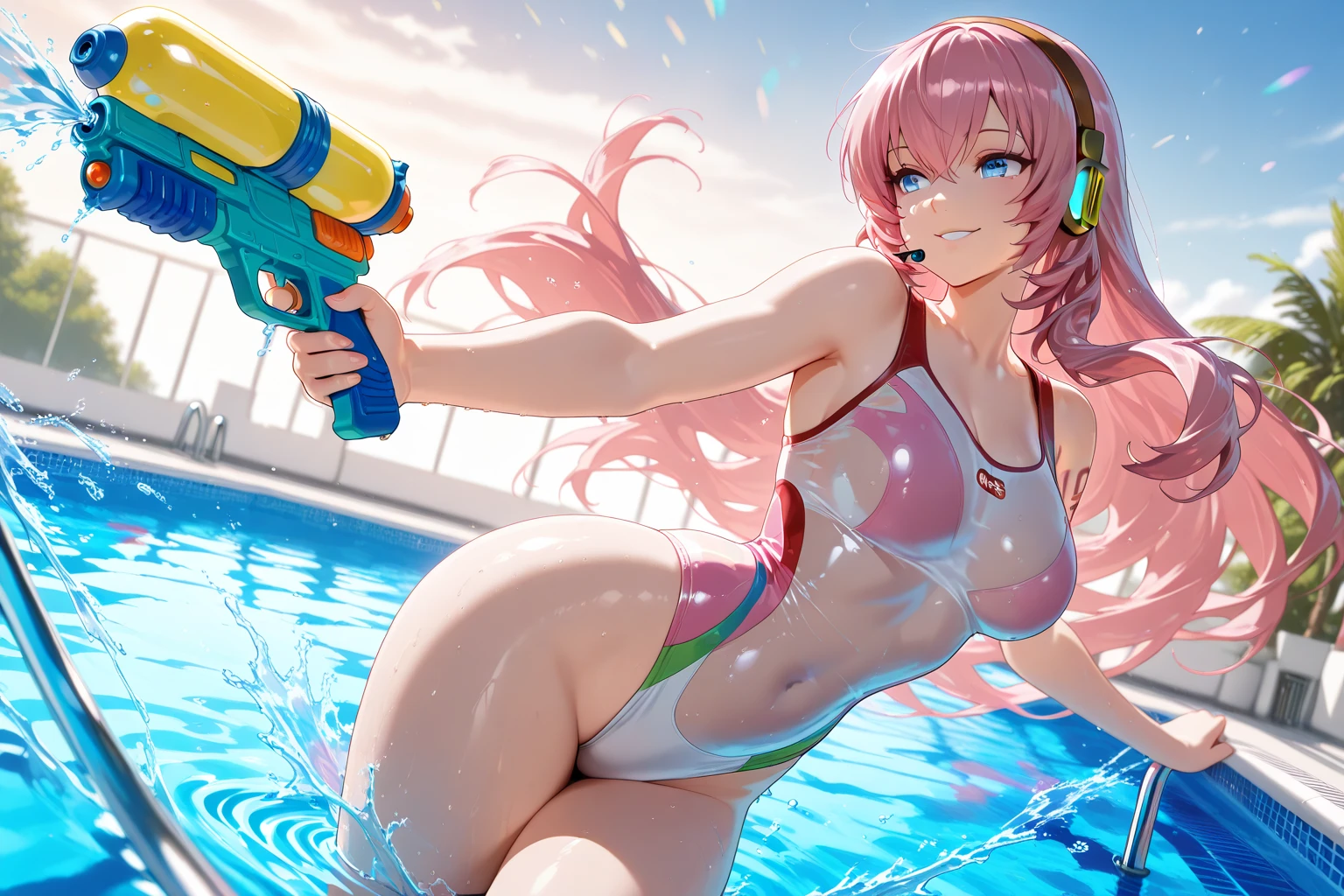 an attractive woman, naked girl, super sonico, solo, happy face, pink short bob hair, long breasts, huge breasts, Pose that shows off the armpits, raise her elbows higher than her head, open her legs wide, half sitting posture, siting on a white beach ball, large hip, navel, blush, spread legs, dark red eyes, looking at viewer, cleavage, Laughter, white bikini, Both elbows are higher than the head ,whole body, No artifacts, only sea waves and vivid sunset horizon background, Plump, Backlit, vivid pink shadow, vivid purple shadow, the body from the side, raise her heels, Composition looking down from the head from a close distance, fisheye lens effect, Fill the screen from head to toe, put your toes in the screen
