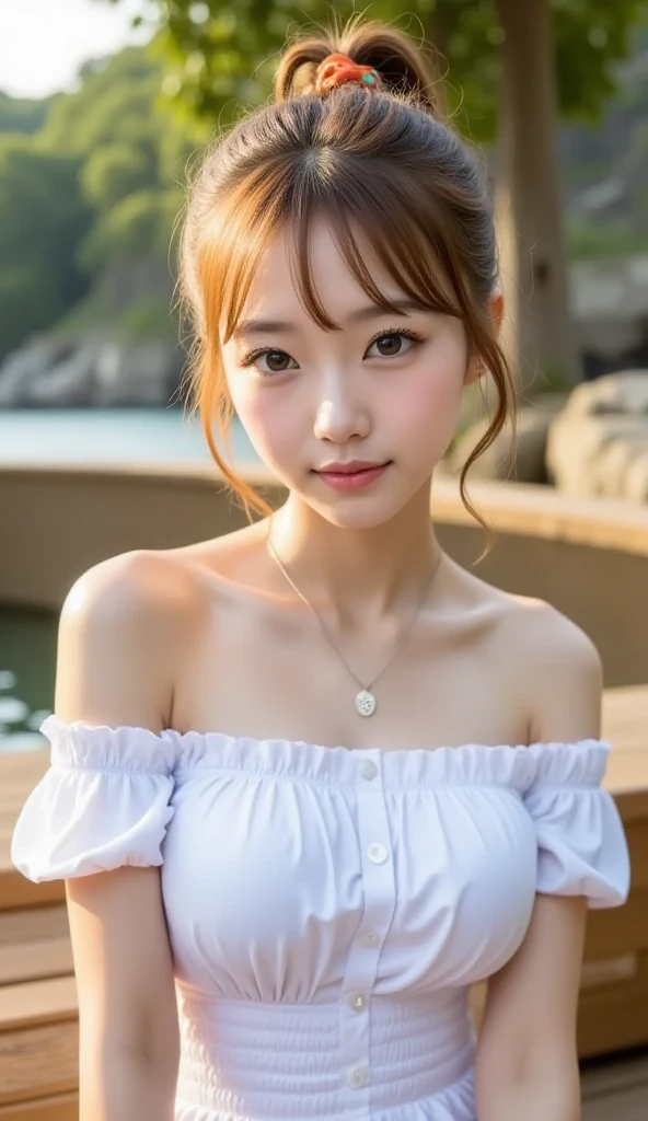 raw photo, 8k, (top-quality), Realistic, (real picture, Intricate details, depth of field), (natural skin texture, detailed skin, hyper realism, sharpness), photorealistic, high resolution, Japanese teenage girl sitting under cherry blossom, solo, hips up, look at viewer, (detailed face), ((Fair skin)), (white hair, bun hairstyle, blunt bungs), (light pink dress, lace dress, pink flower tiara), in the field of flowers, cherry blossom petals fall, jewelry, day light, soft lighting:1.3、Black Hair