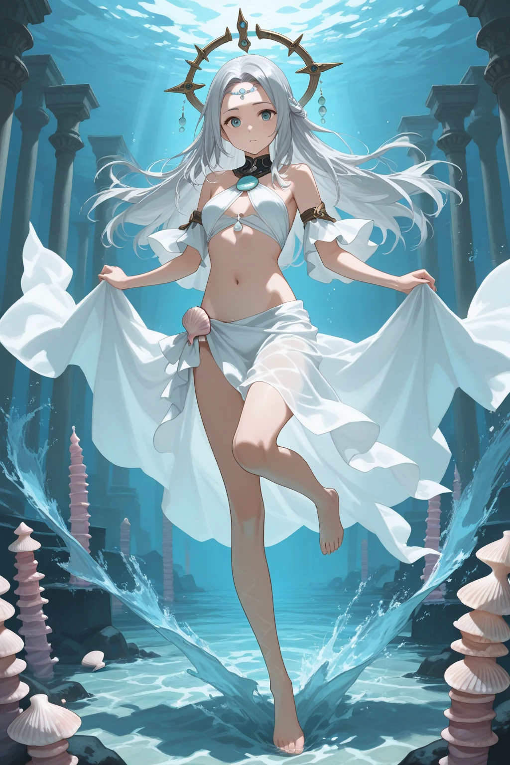 fish eye, Masterpiece, Top quality, Best quality, offcial art, Beautiful and aesthetic，A detailed，8K image quality water, (Flowing water),flowing water droplets,(splashing water drops),Water magic,Water Magic Practice, 1girll, Long hair, Water surrounds the girl's body, White gold and light blue trimmed dress，Sexy high heels，Slim body bank，long  white hair, Beautiful face, Hand up, Fighting stance，friction ridge，High value