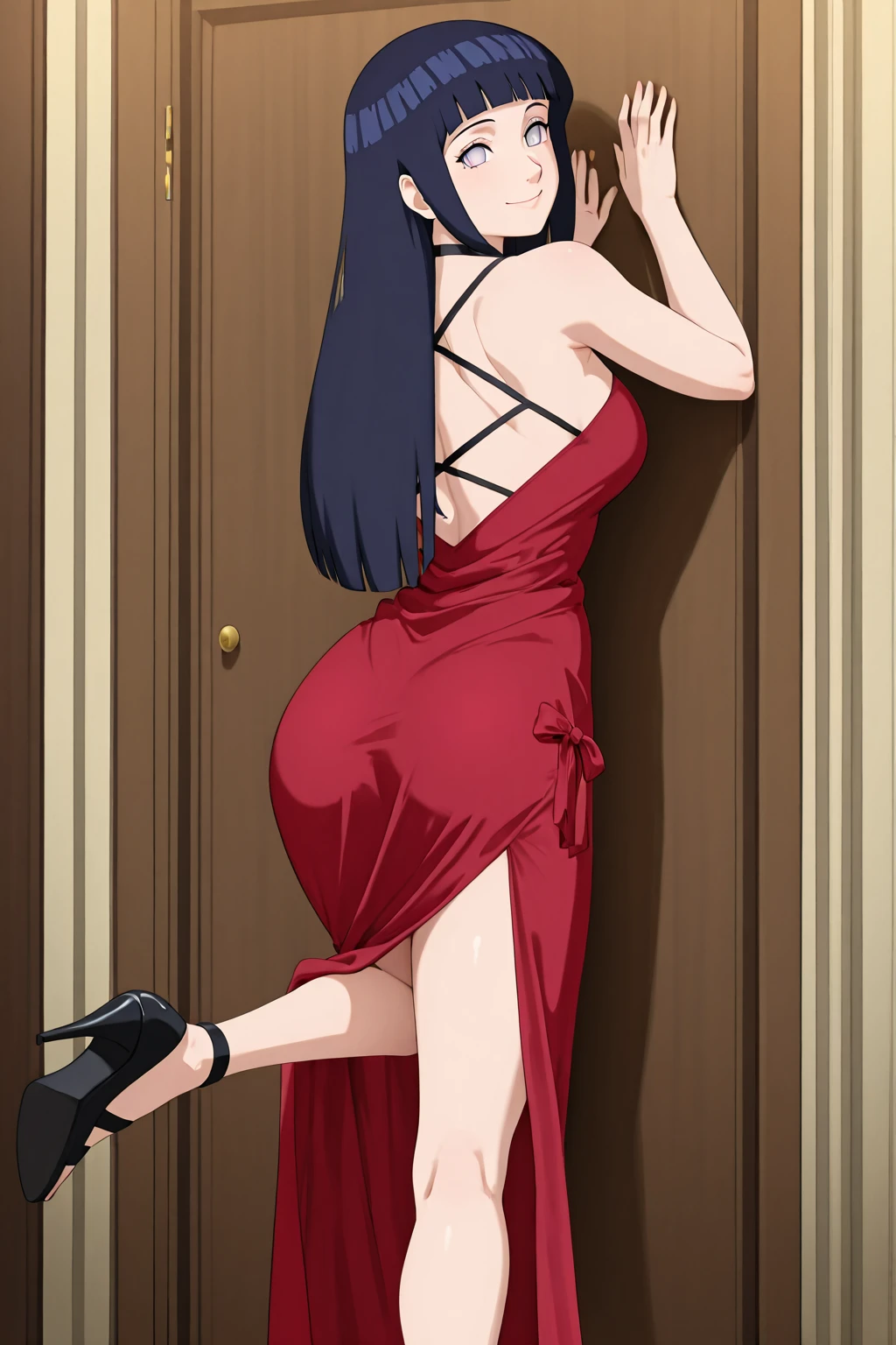 1 girl, standing, backwards, very tight red dress, big ass, long black hair, yellow eyes, bottom-up view, girl looking at the camera, malicious look, flushed cheeks 
