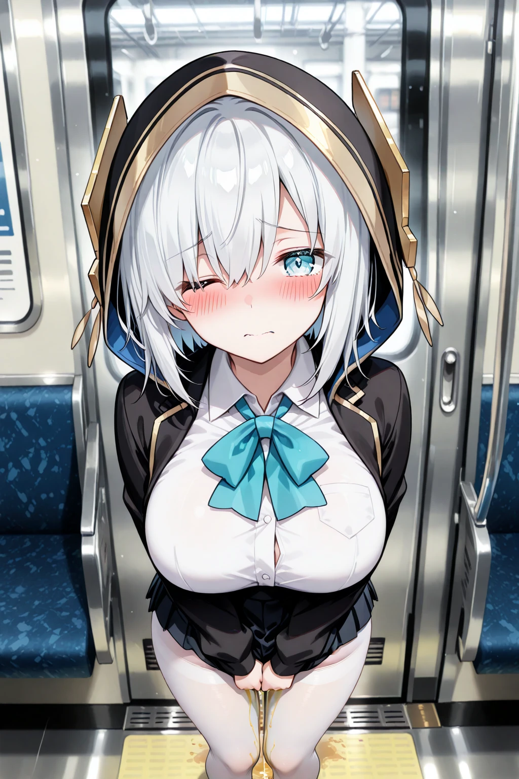 masterpiece, best quality, very aesthetic, absurdres, newest,1girl, cunnilingus_gesture,tear in eyes,,embarrassed, ,Sword Maiden, long hair, blindfold, dress, white dress, habit, jewelry, black blindfold, necklace, detached sleeves,in subway