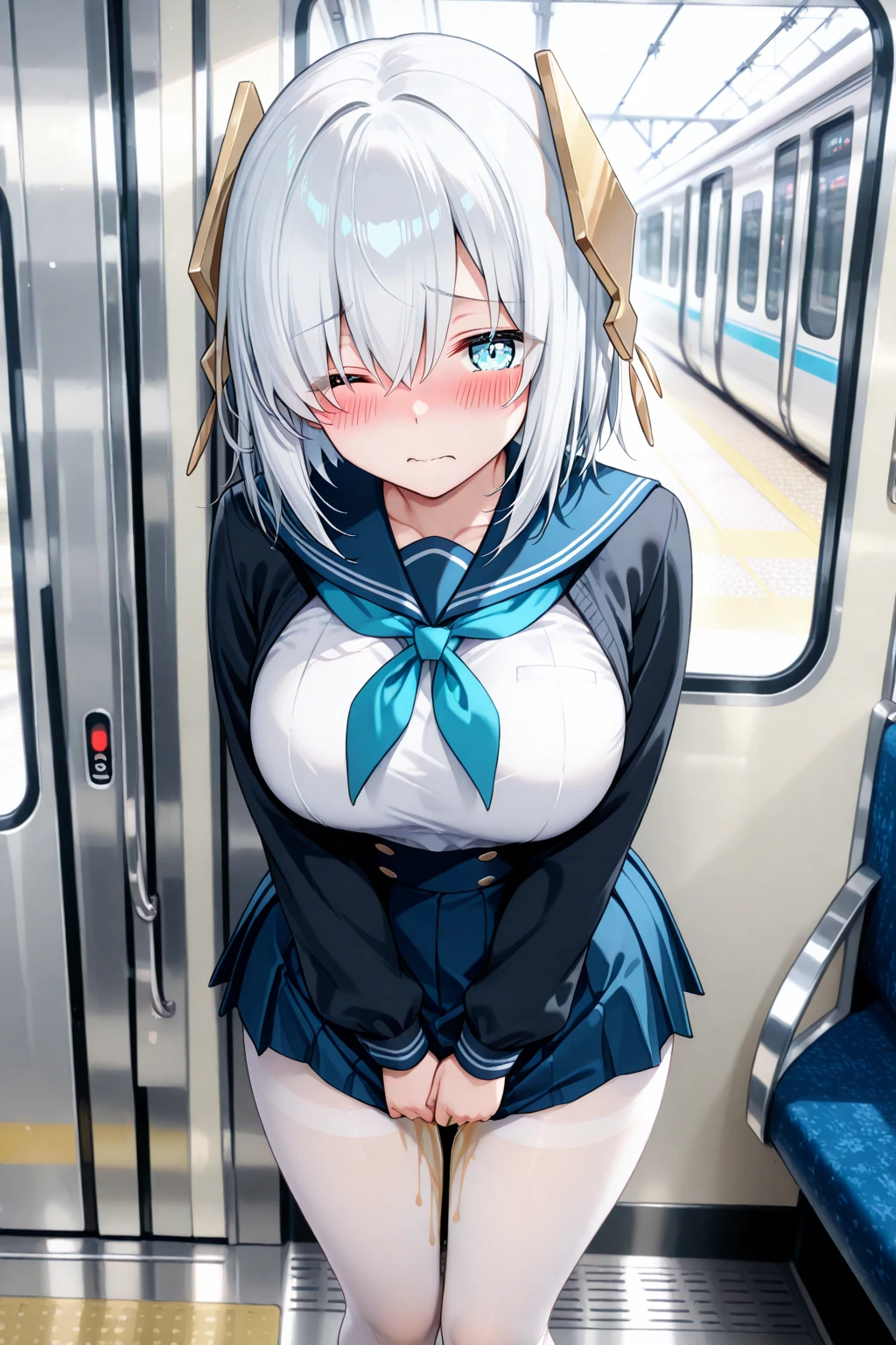 female high-school student nsfw Nipples are visible Undressing Nipple teasing 1 boy, a boy is grabbing girl's breasts from behind inside the train is standing