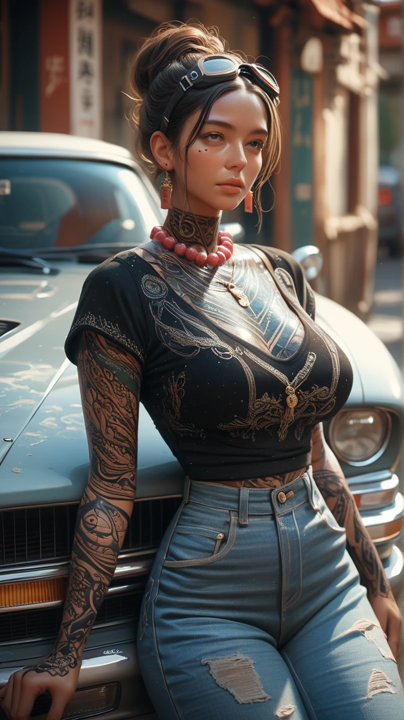 Full back body view wearing random badass printed sexzy outfit Badass Gothic tattooed aggressive angry smile look she smoking ,pale eyes ,dusky skin, dark  colors ,3d of the very beautiful.very curly hair pony tail,Her skin is adorned with vibrant tattoos that showcase her rebellious nature., ciachuro, intricate detail ,sharps focus , background vintage car 32K, HDR, concept art ,dark fantasy ,vanishing point ,dynamic angle 
                                                                                                                                                                                                  queen rapper hip hop baggy saggy style clothes looking at viewer, arms out bling gold jewelry, tattoos, observatory, finely detailed background, amazingly intricate background, incredibly absurdres, best quality