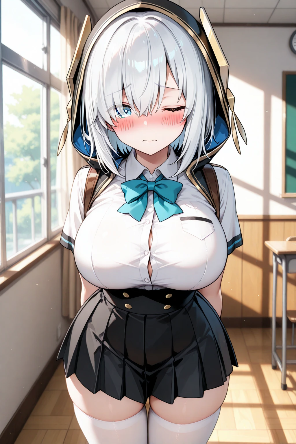 slim, (wide hips, thick thighs), scared, slender, looking at viewer, bound arms, arms behind back, (dress shirt, tie, pencil skirt), in office building, (masterpiece), (best quality:1.2), absurdres, intricate details, (highly detailed skin:1.2), <lora:bound_arms_v1-000006:1>