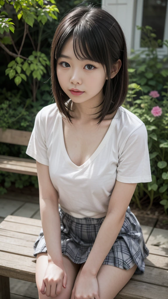 bob cuts、white  hair、Sauce order、15yo girl、Fat child、hitornfreckles、Cheeky face, birdseye view, big butts、(((tiny chest)))、Kamimei、half-opened mouth、Cotton dresses are sheer