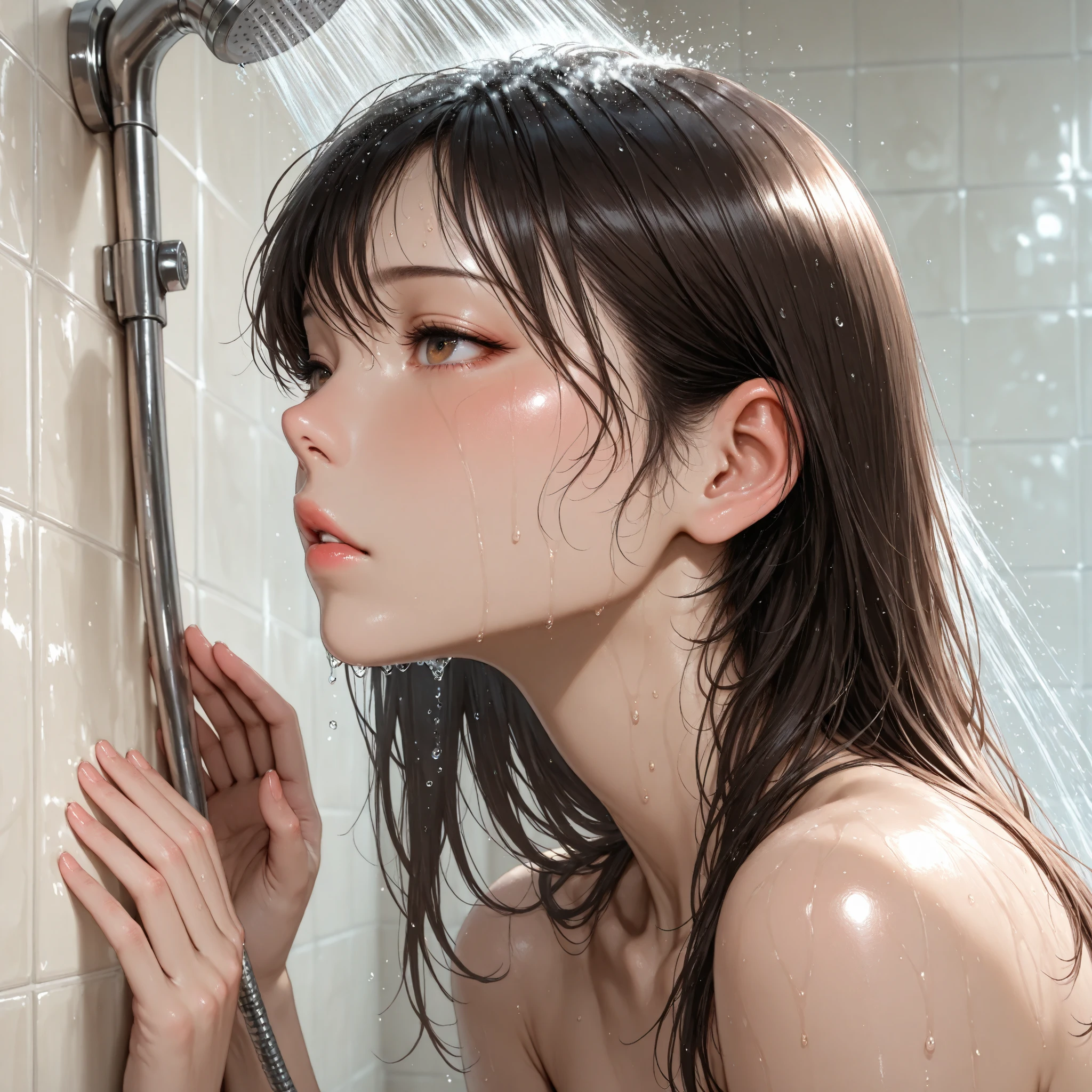 ((perfect anatomy:1.2,realistic:1.3,RAW Photography:1.,masterpiece、highest quality、Ultra - High resolution、High resolution、Highly detailed CG、8K)),cowboy shot,1 female,solo、18 year old beauty,Japanese,((beautiful detailed face and eyes:1.3,big gorgeous eyes:1.3,gray eyes)),long hair,straight hair,blunt bangs,crying,blush,drooling,((medium breasts,slender body,small head:1.3,skinny)),((wet:1.7,take a shower:1.5)),(naked,clavicle、nipples,navel、vagina,bottomless,barefoot),simple shower room、indoor、