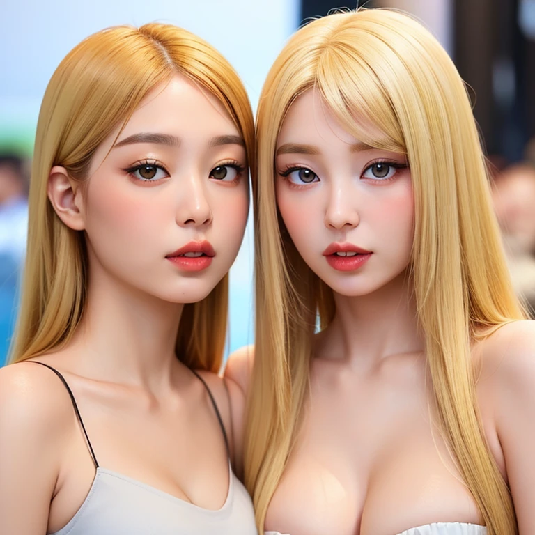(2 girls), beautiful, Amazing face and eyes, long white hair,cosmetic, (Extremely delicate beautiful face), (The sexiest look), (beautiful big breasts:1.1), (best quality:1.4), (Ultra Detailed), (Extremely detailed CG unified 8k wallpaper), Very detailed, original photo, Professional photography, ((dress)), (Tight dress), (Super short dress),Tokyo Subway Station、MRT station,whole body