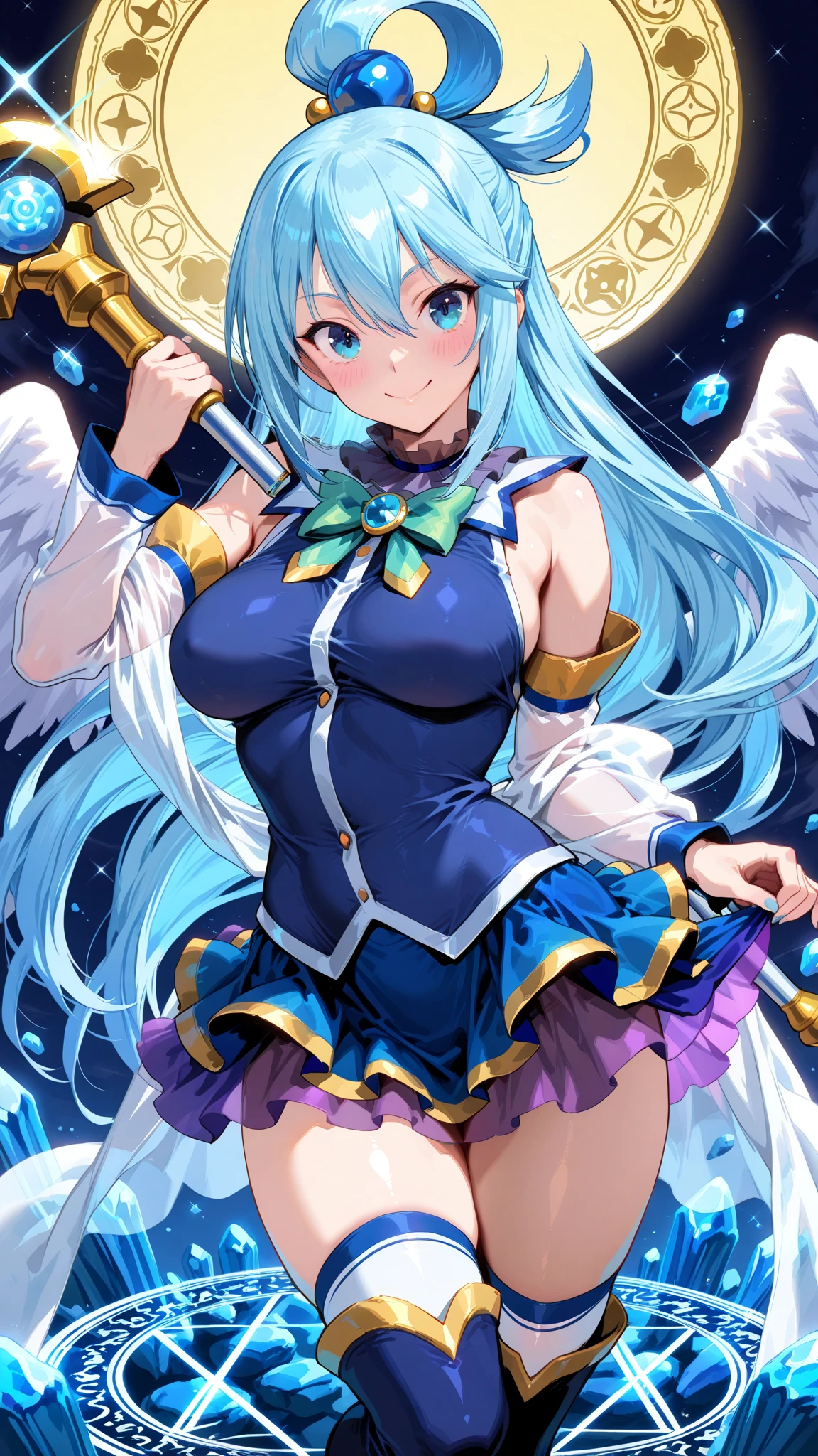 Super Idol a beauty girl A charming smile sky blue hair length hair Twin-tailed Glittering pink, white, Blue, Yellow leotards you've never seen before Looking at the camera angel has 7 big wings'Came back、and that'Colorful. Fantasia constellation a moon Crystal Brilliance Aurora Borealis in the Night Sky